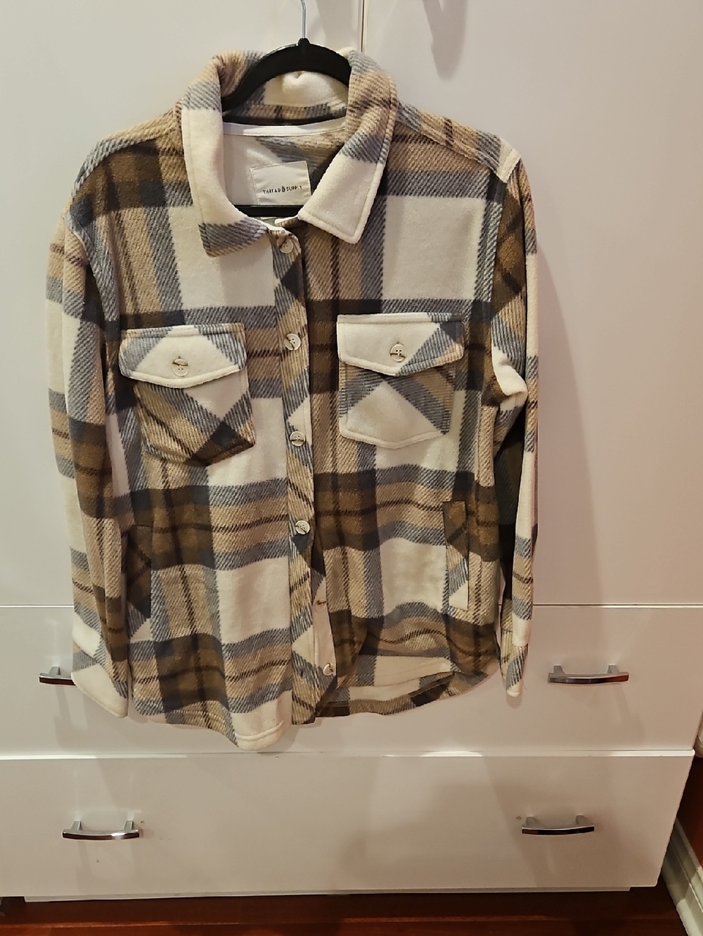Thread & Supply Plaid Teddy Jacket in Cream, Brown and Gray